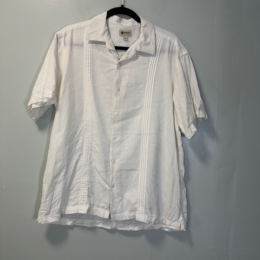 Haggar Mens Large White Linen Blend Guayabera Short Sleeve Button Up Shirt